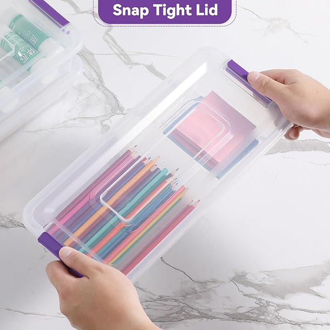 novelinks Clear Plastic Storage Bins with lids, Stackable Storage Containers, Durable Craft Storage Boxes, Organization Containers for Home Office (4 Quart 8 Pack Purple)