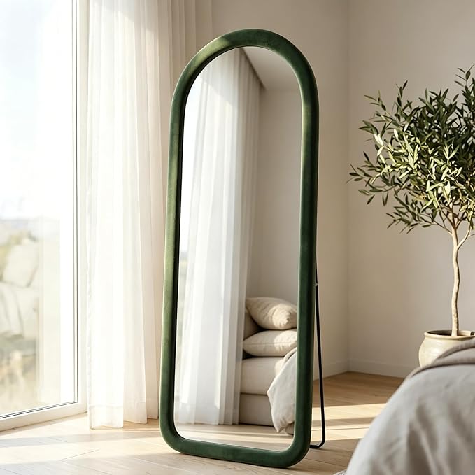 Full Length Mirror 56"x20" Arch Floor Mirror with Stand Arched Full Body Mirror Standing Hanging or Leaning Against Wall for Bedroom Flannel Wrapped Wooden Frame, Green