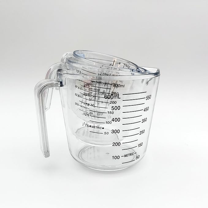 Plastic Measuring Cup Set, Kitchen Cooking and Baking Seasoning Liquid Measuring Cup, Multiple Scale Identification, with Handle and Triangle Mouth, 150ml, 300ml, 600ml, 3-piece Set (transparent)