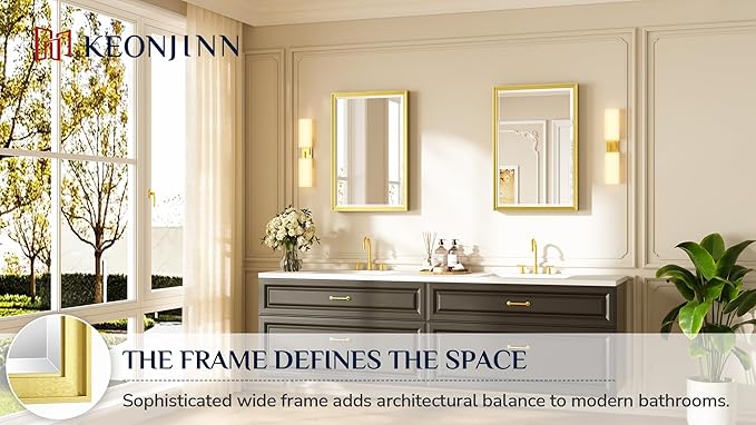 Keonjinn 20" x 30" Gold Bathroom Mirrors for Over Sink, Decorative Aluminum Alloy Frame, Beveled Tempered Glass, Shatterproof, Rectangle Transitional Gold Vanity Mirror for Wall(Vertical/Horizontal)