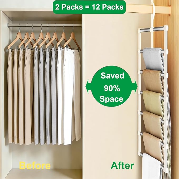 Pants Hangers 4 Pack (Holds 24 Pairs) Space Saving Pant Hanger 360° Swivel Hook Stainless Steel Bars Closet Organizer for Dress Pants Jeans Leggings Ties Towels (White)