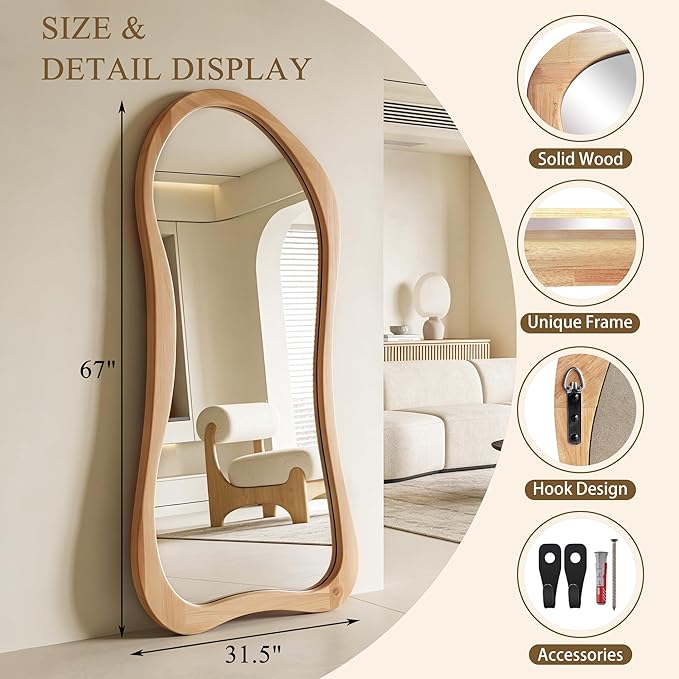 Large Irregular Mirror, 67"x31.5" Asymmetrical Full Length Mirrors with Solid Wood Frame, Organic Aesthetic Floor Mirror for Living Room Entryway Hallway Cloakroom, Leaning/Hanging