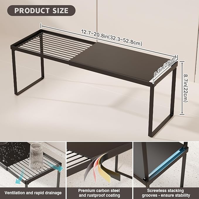 Magheo Expandable Cabinet Shelf Organizer, 2 Pack Stackable Kitchen Counter Shelf Riser, Metal Spice Rack Heavy Duty Countertop Organizer Storage for Kitchen, Pantry, Cupboard, Rv (8.7in Height,Black)