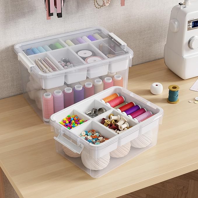 40Qt Stackable Storage Bins with Lids & Trays, Clear Plastic Latching Boxes Organizers with Dividers Portable 10Gal Containers for Arts & Crafts, Home and Car Trunk Organization, 2Pack