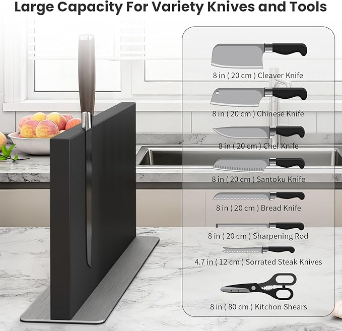 THMINS Large Black Magnetic Knife Block Stainless Steel Double-Sided Magnetic Knife Holder, Universal Multi-function Display Rack for Kitchen Counter