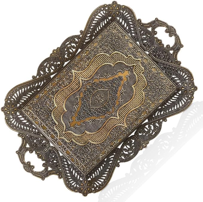 Moroccan Antique Coffee Tea Serving Tray Table Home Decor Decorative Handle - Antique Arabic Brass Fancy Persian Rectangle Vintage Retro Rustic Ottoman Farmhouse Style Decor Tray Traditional
