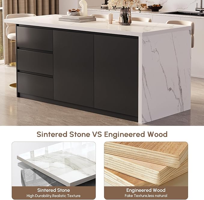 homary Kitchen Island with Storage & Wine Rack, 72" Modern Black Kitchen Cabinet with Wood Top, Large Fixed Island with 3 Drawers & 6 Adjustable Shelves, Without Bar Stools