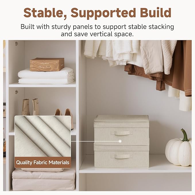 StorageWorks Storage Bins with Lid, Decorative Fabric Storage Bins with Handles, Stackable Closet Organizers for Shelves and Bedroom, Small, Beige(Natural Fabric), 2-Pack