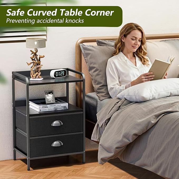 Night Stand, End Table with 2 Drawers Nightstand for Bedroom, Small Fabric Dresser Organizer, Bedisde Table Side Table with Open Storage Shelf, Black