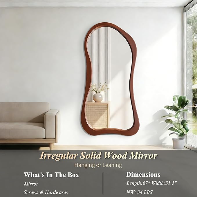 Large Irregular Mirror, 67"x31.5" Organic Floor Mirrors with Solid Wood Frame, Asymmetrical Full Length Mirror for Living Room Entryway Hallway Bedroom Cloakroom, Leaning/Wall-Mounted