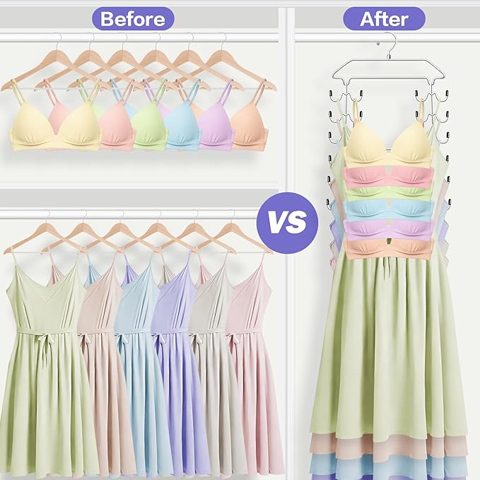 Closet Organizers and Storage,Tank Top Hanger 6 Tier Double Space Saving Bra Hangers,Dorm Room Essentials for Girls,Non-Slip Hanging Closet Organizer for Camisoles Sports Bras Strappy Dress Swimsuits