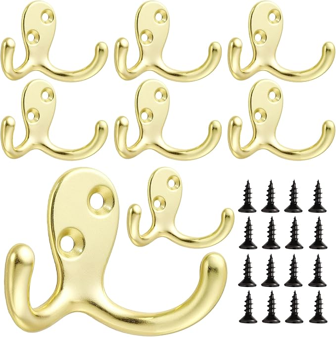 Double-Prong Coat Hooks Wall Mounted - 8 pack Gold Wall Hooks for hanging - Great for Living Room, Bedroom, Bathroom, Closet for Coat, Bag, Towel, Hat, Key, Cup, Watch, Heavy-Duty, Easy to Install