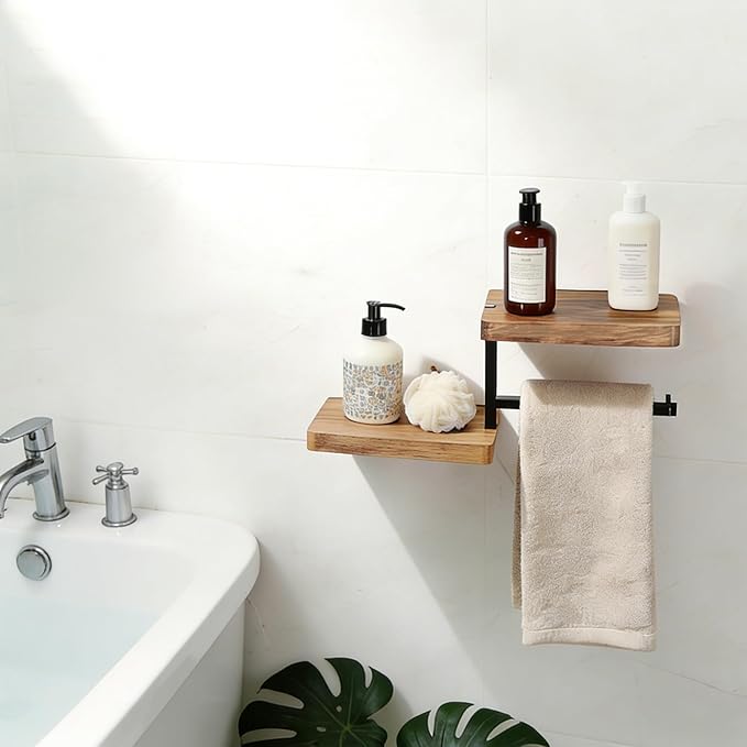 YIGII Toilet Paper Holder with Shelf - Self Adhesive Wooden Tissue Paper Roll Holder, Bathroom Wall Mounted Toilet Paper Roll Holder with Wipes Storage