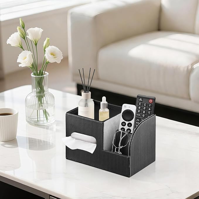 Modern PU Leather Cube Tissue Box Cover with Storage Tray, Multifunctional Remote Control Holder & Facial Tissue Dispenser Organizer for Nightstand, Bathroom, Bedroom, Office & Home Decor