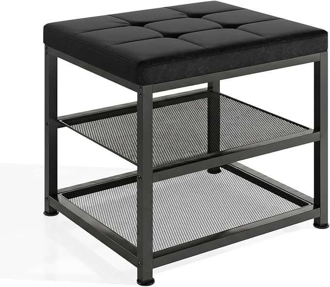 Small Shoe Storage Bench with PU Leather Seat Cushion, 3-Tier Freestanding Shoe Rack Organizer for Entryway, Heavy-Duty Metal Mesh Shelves, Supports Up to 300 lbs, Black (15.7"x11.4"x17.5")