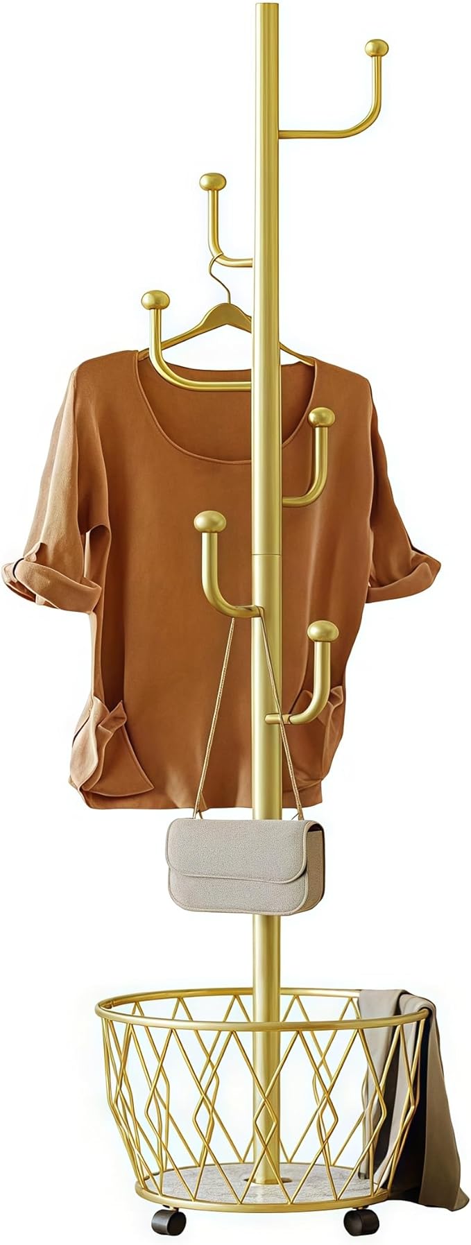 Cactus shaped Freestanding Metal Coat Rack Stand with Basket Modern Organizer for Scarf Jacket Hat Bags Ideal for Home Entryway Bedroom Corner Stable and Moveable (gold)