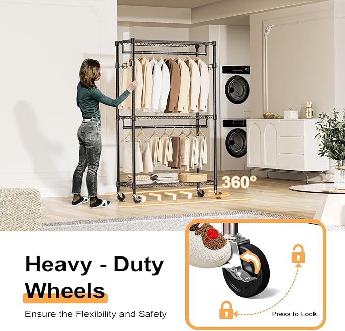 M MZG Heavy Duty Rolling Garment Rack 3 Tiers Adjustable Wire Shelving Clothes Rack with 2 Rods and Side Hooks,Storage Closet Clothing Rack with Wheels Black 15.7" D x 29.5" W x 74.5" H