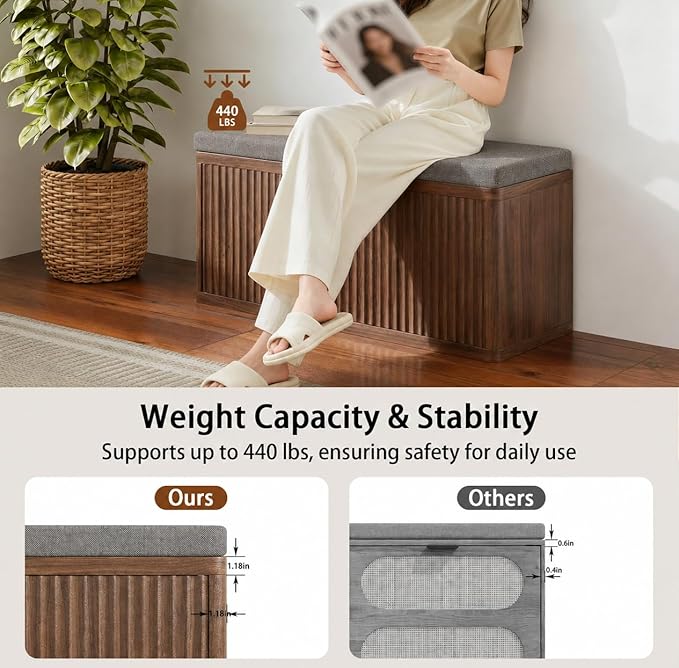 Double Layered Shoe Cabinet with Bench,Wooden Shoe Bench with Soft Cushion,Double Door without Handle Pressing Spring,Fluted Panel,Suitable for Entrance,Corridor and Living Room (Shoe Bench-Walnut)