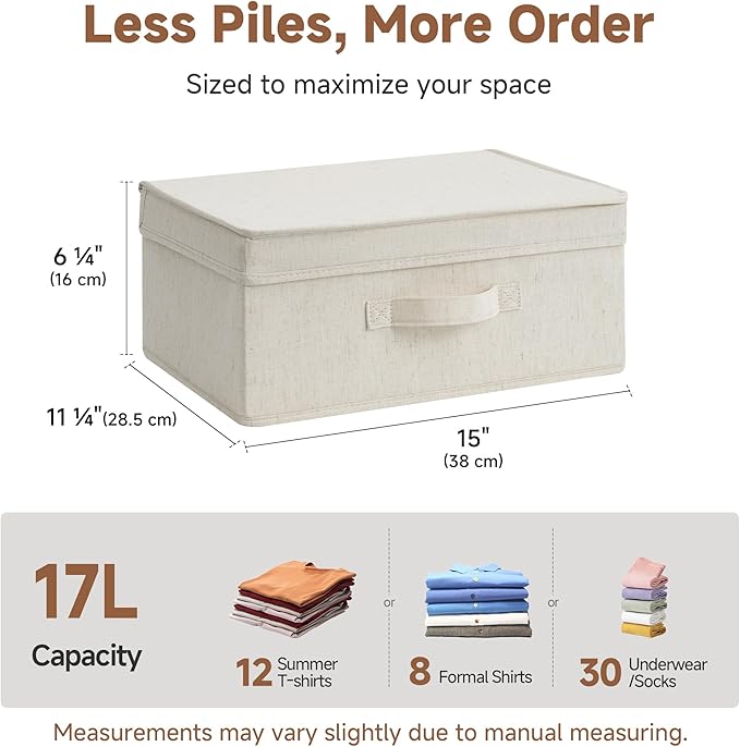 StorageWorks Storage Bins with Lid, Decorative Fabric Storage Bins with Handles, Stackable Closet Organizers for Shelves and Bedroom, Small, Beige(Natural Fabric), 2-Pack