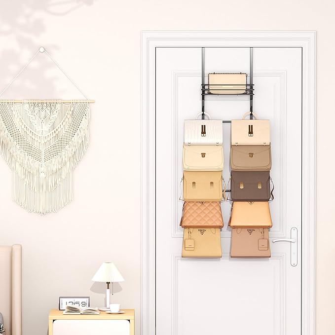 SWTYMIKI Over the Door Purse Organizer - Wall Mounted Handbag Organizer with 10 Hooks and Metal Basket, Hanging Purse Storage Rack Holds up to 10 Bags, Bag Rack Can Use As 1/2 Part, for Door, Closet