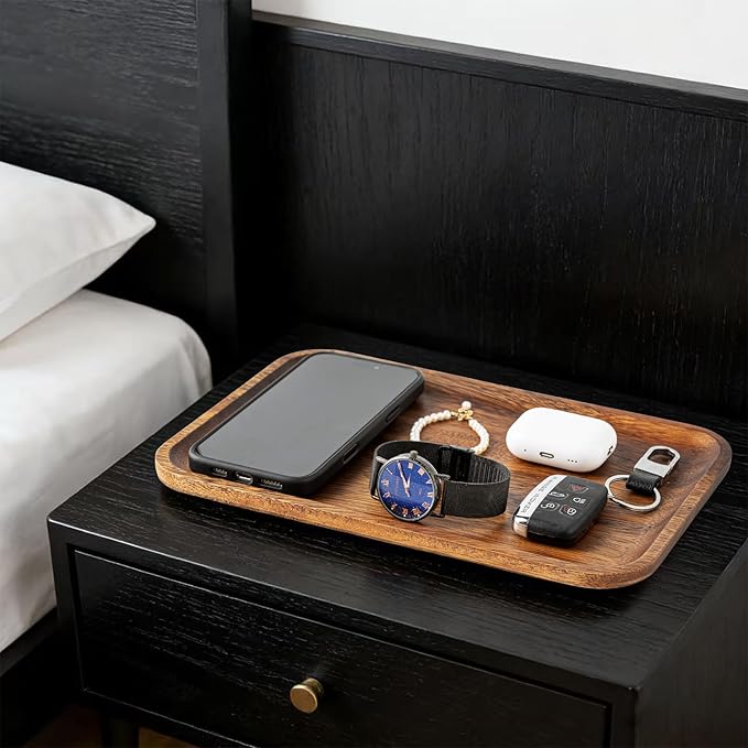 2PCS Serving Wood Valet Tray for Men Women, Catch All Acacia Mens Key Dump Bedside Nightstand Organizer EDC Decorative Wooden Tray for Phone Watch Wallet Keys