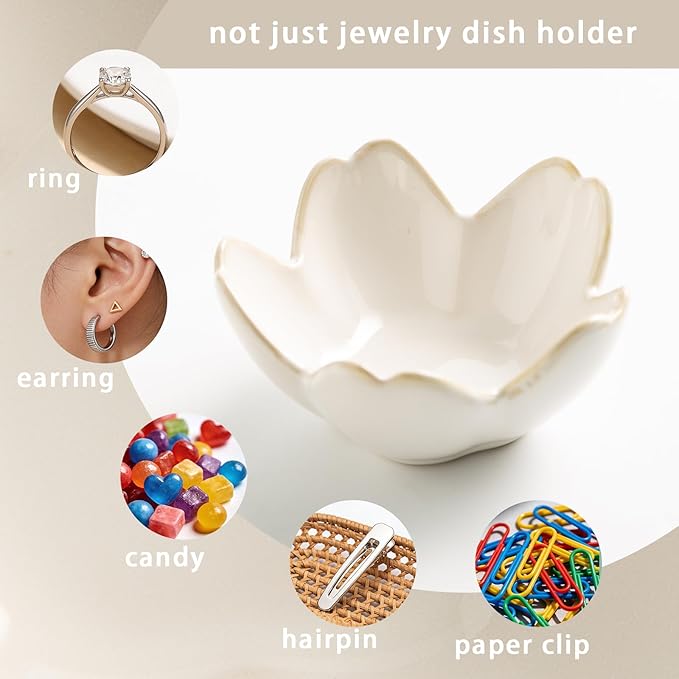 Mecaikru Flower Jewelry Tray Ceramic Ring Dish Jewelry Dish Small Trinket Tray Cute Ring Holder Key Bowl Decorative Plate Gifts For Mom/Sister/Friend, Birthday/Mother's Day/Christmas Gift (white)