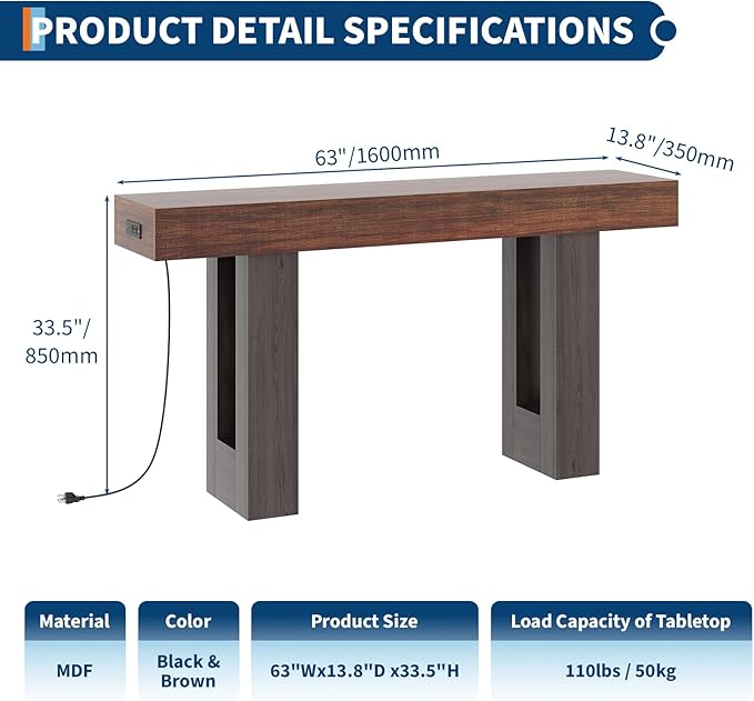 IDEALHOUSE 63" Entryway Table, Wood Console Table with Charging Station, Extra Long Sofa Table, Narrow Hallway Foyer Table for Entryway, Hallway, Living Room, Rustic Brown & Black