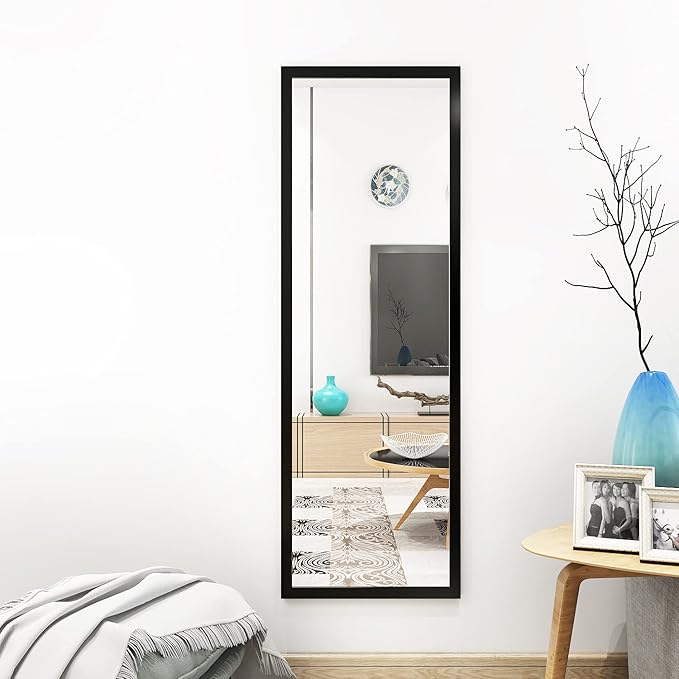 whitebeach Full Body Length Door Hanging Wall Mounted Mirror with 2 Metal Hangers for Bedroom Living Room Bathroom(Black, 48 * 16")