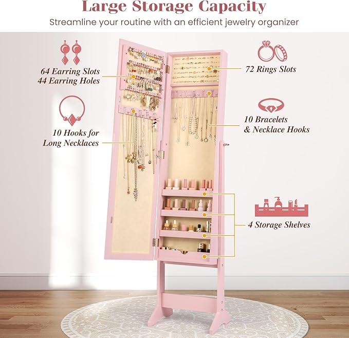 Giantex Jewelry Armoire with Full Length Mirror, Standing Jewelry Cabinet Organizer with 3 Tilting Angles, Bedroom Dressing Mirror with Large Storage for Earrings, Rings, Necklaces, Light Pink