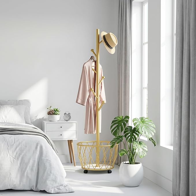 Freestanding Metal Coat Rack Stand with Basket Modern Organizer for Scarf Jacket Hat Bags Ideal for Home Entryway Bedroom Corner Stable and Moveable tree (gold)