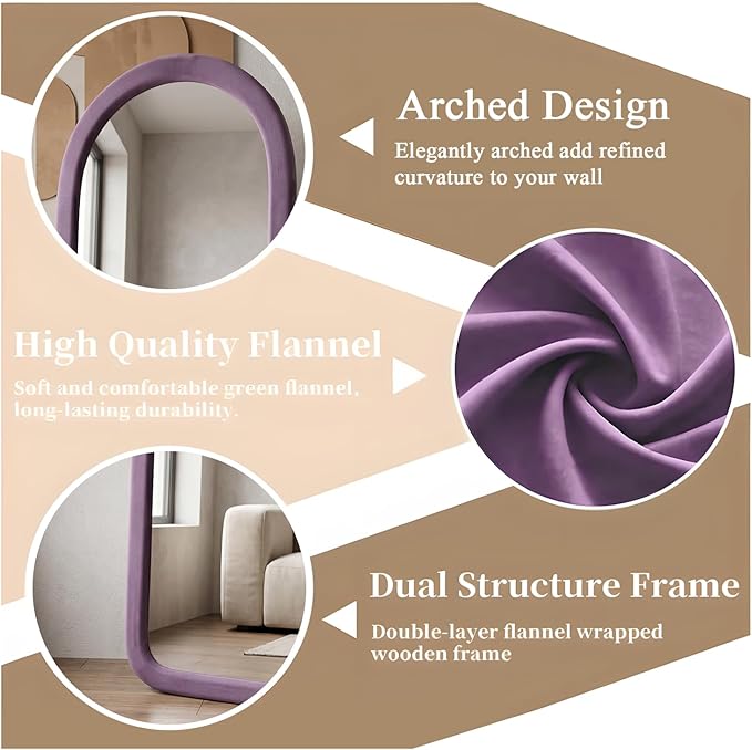 Full Length Mirror 56"x20" Arch Floor Mirror with Stand Arched Full Body Mirror Standing Hanging or Leaning Against Wall for Bedroom Flannel Wrapped Wooden Frame Purple