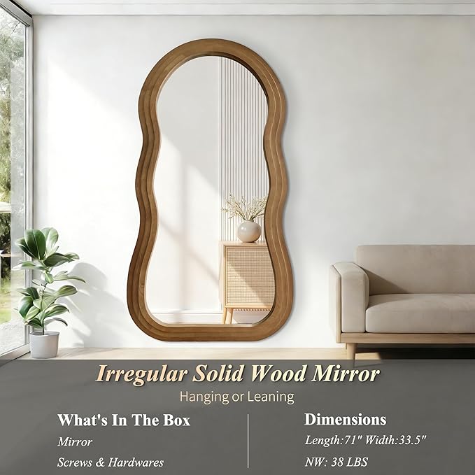 Wavy Full Length Mirror, 71"x33.5" Oversized Organic Floor Mirrors with Triple-Layer Solid Wood Frame, Large Irregular Full Body Mirror for Living Room Entryway Cloakroom, Leaning/Hanging