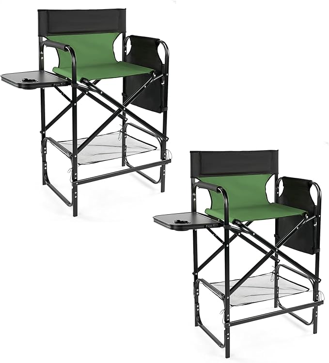 Outvita 2 Piece 31" Tall Directors Chair Height Seat Folding with Side Table Storage Bag, Support for 300Lbs Portable Makeup Artist Chair with Bar Height(Dark Green/Black)