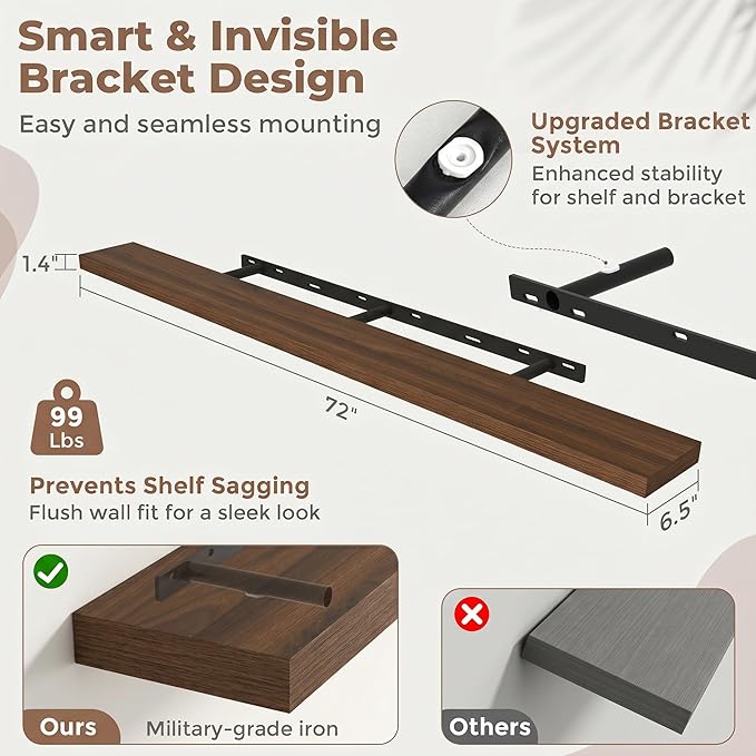 Venusmiles Floating Shelves for Wall, 72 Inch Floating Shelves Set of 2, 6.5" D Wooden Wall Mounted Display Shelves with Invisible Brackets for Living Room, Bedroom, Bathroom, Kitchen Decor, Walnut