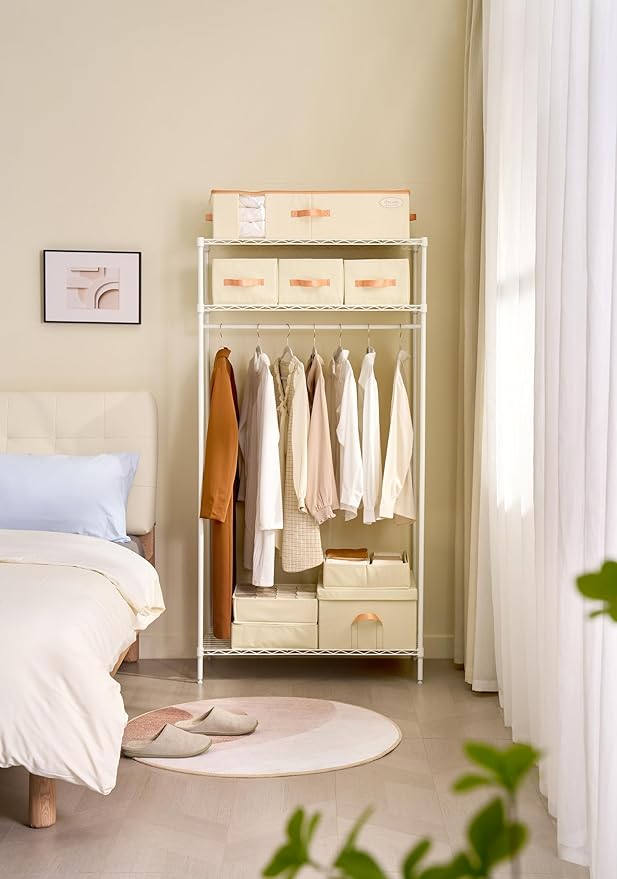 3-Tier Metal Clothes Rack with Adjustable Shelves and Hanging Rod, Freestanding Wardrobe Storage Organizer, 660 lbs Capacity, Portable for Bedroom or Laundry Room, White