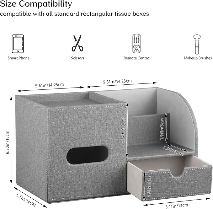 Square Tissue Box Cover with Drawer Storage and Tray on Top, PU Leather Tissues Cube Boxes Holder, Modern Nightstand Organizer Caddy, Remote Control Holder for Bathroom, Bedside, Office, Home