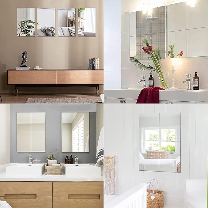 JUNEBRUSHS 8 Pack Self Adhesive Acrylic Mirror, 4X 6 Inch Mirror Tiles,Flexible Plastic Mirror Sheets Wall Stickers