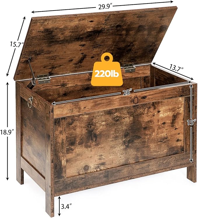 HOOBRO Toy Box, Retro Wooden Look Storage Chest with Safety Hinge, Entryway Storage Bench Supports 220 lb, 29.9 x 15.7 x 18.9 Inches Toy Chest Organizer, Easy Assembly (Rustic Brown) BF75CW01G1