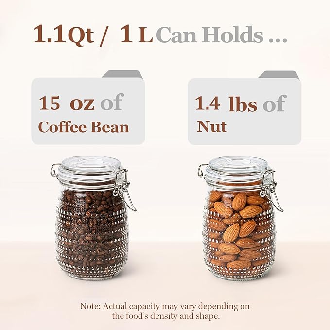 ComSaf 34oz 6 Pack Vintage Hobnail Glass Storage Jars with Airtight Clamp Lids, 1000ml Wide Mouth Clear Canister Set for Coffee Beans, Sugar, Snacks, Pasta, Pickling and Countertop Pantry Organization