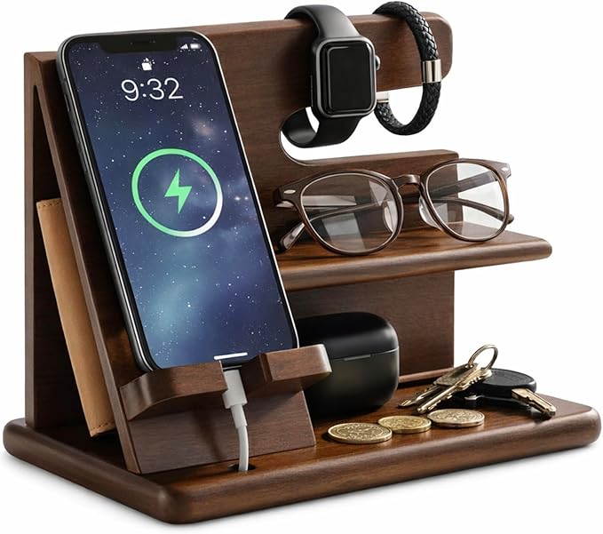 Wood Phone Docking Station for Men - 360° Rotating Nightstand Organizer with Rotating base, Charging Slot, Holds watch, Wallet, Keys, Eyewear - Birthday Gifts for Men & Women, Bedroom or Office Use, Dark Brown