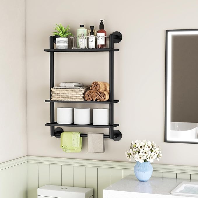 STWWO Bathroom Shelves Wall Mounted, 3 Tier Black Bathroom Shelf with Towel Bar, 26in Stainless Steel Floating Pipe Towel Racks Over Toilet, Bathroom Wall Shelves Laundry Room Kitchen Storage