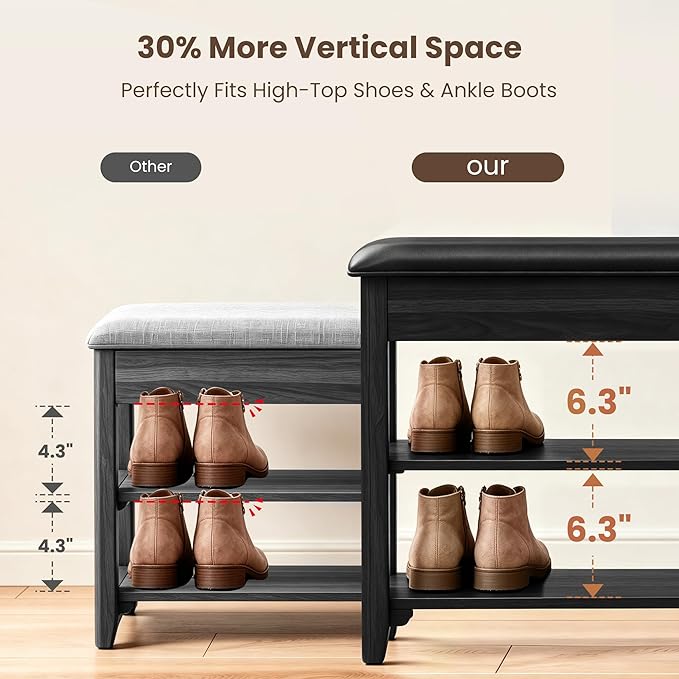 LBT Shoe Bench with Storage, Solid Rubberwood Shoe Storage Bench with Cushion, 2-Tier Shoe Rack for Entryway, Shoe Rack Bench with Deep Hidden Compartment and Stay-Open Hinge, 550lb Capacity Black