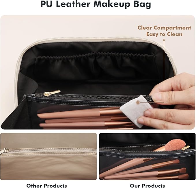 Prite Makeup Bag for Women Travel Waterproof Vegan Leather Cosmetic Bag Open Flat Toiletry Bag With Clear Divider and Handle (Black, Medium)