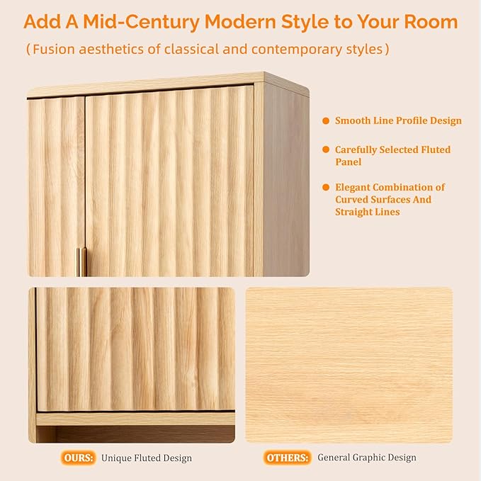 VINGLI Bathroom Wall Cabinet with Fluted Doors, Natural Oak Wall Mounted Medicine Cabinet with Adjustable Shelf, Over The Toilet Storage Cabinet for Bathroom, Kitchen & Laundry Room