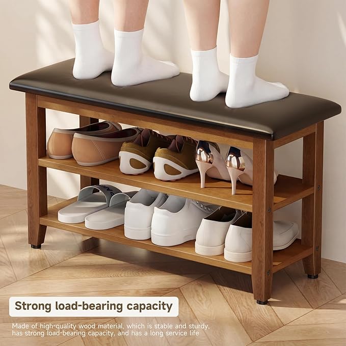 Shoe Bench with Leather Cushion,Wood Bench with Shoe Rack,2-Tier Shoe Storage Organizer for Entryway,Hallway,Living Room (2-Tier-31.5", Rubberwood)