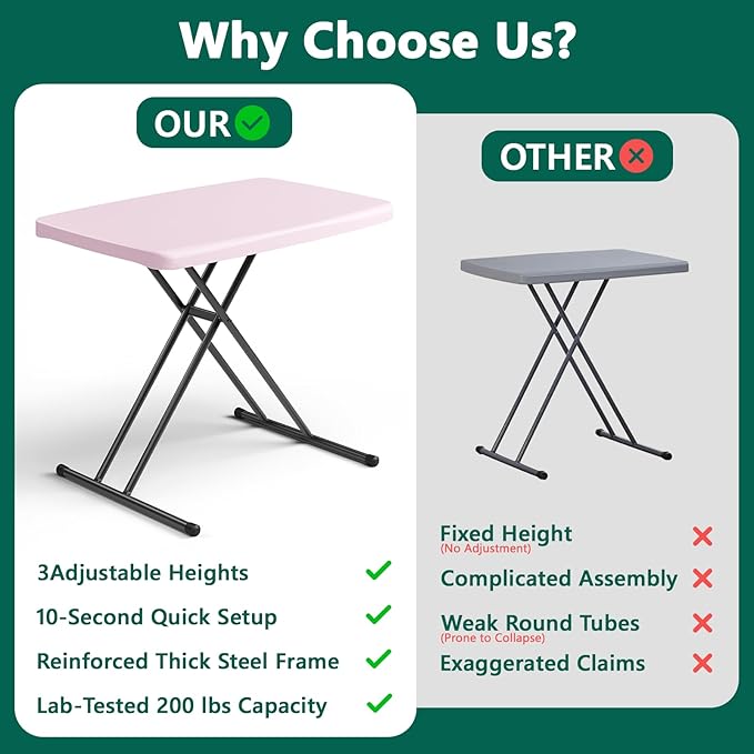 Folding Table 30 Inch - Small Desk Adjustable Height TV Tray for Laptop, Couch, Camping - Heavy Duty Utility Foldable Table for Small Spaces, No Assembly Required, Pink Granite
