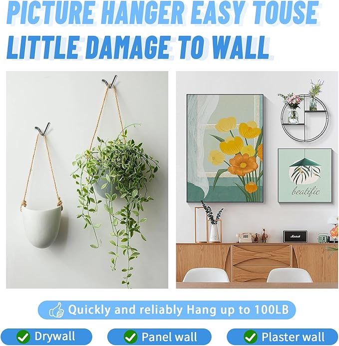 FURHUA 20pcs Black Super Hook Picture Hangers and Office Pack, Drywall Hooks for Hanging Pictures, Wall Hooks, Picture Hangers, Picture Hanging Kit，Hang Art, Clock, Shelves, Mirrors