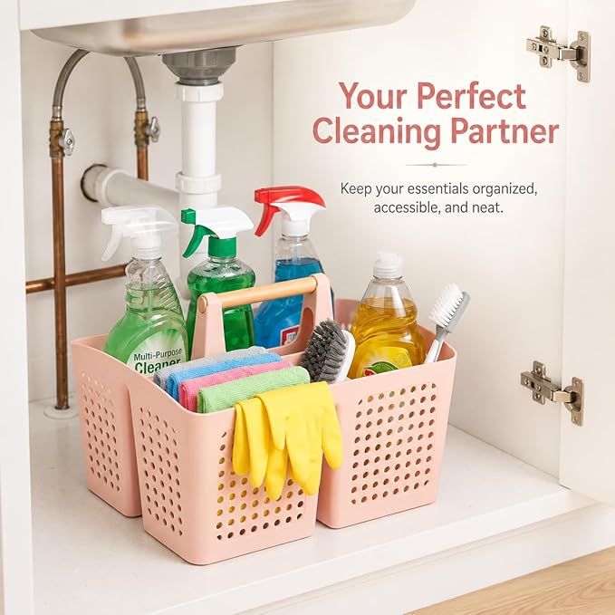 Portable Shower Caddy Basket with Wood Handle, 3-Compartment Bathroom Organizer Tote with Drain Holes, Plastic Shower Basket for Dorm, Toiletries, Cleaning Supplies, Pink