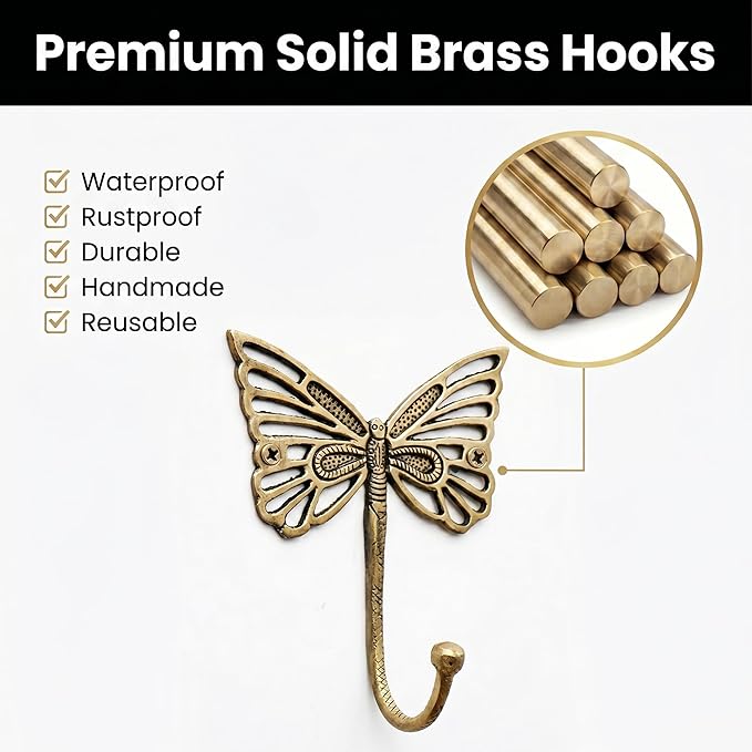 Indian Shelf 33 Lb. Solid Brass Butterfly Wall Hooks - Vintage Gold Decorative Hooks for Coats, Backpacks- Cute Heavy Duty Hangers for Kids Room, Entryway, Kitchen, Mudroom - Pack of 3
