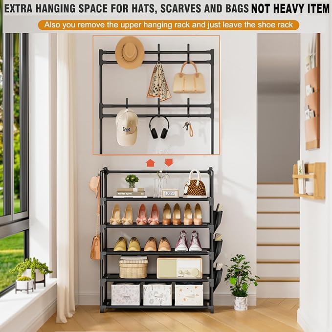 OYREL Shoe Rack 5 Tier Shoe Organizer Storage 15-20 Pairs Shoes Rack for Closet Entrance Shoe Rack Organizer with Hooks and Side Pocket Entryway Shoe Holder Space Saving Free Standing Shoe Racks